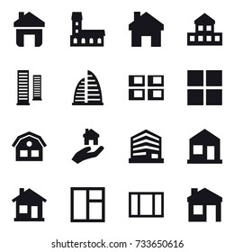 16 vector icon set : home, mansion, cottage, skyscrapers, skyscraper, panel house, window, house, real estate
