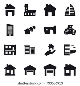 16 vector icon set : home, mansion, skyscraper, houses, slum, modern architecture, modular house, district, real estate, hotel, garage, house