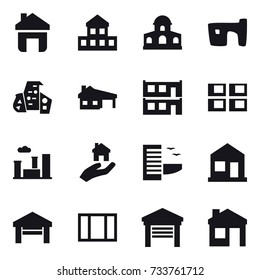16 vector icon set : home, cottage, mansion, slum, modern architecture, house with garage, modular house, panel house, city, real estate, hotel, garage, window, house