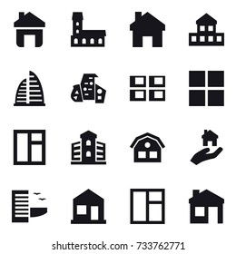 16 vector icon set : home, mansion, cottage, skyscraper, modern architecture, panel house, window, building, house, real estate, hotel