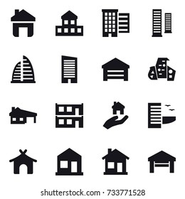 16 vector icon set : home, cottage, houses, skyscrapers, skyscraper, garage, modern architecture, house with garage, modular house, real estate, hotel, bungalow