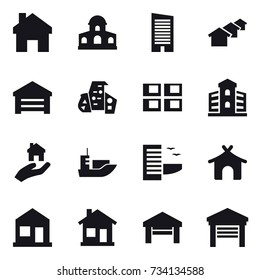 16 vector icon set : home, mansion, skyscraper, houses, garage, modern architecture, panel house, building, real estate, hotel, bungalow