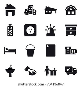 16 vector icon set : home, modern architecture, house with garage, house, remote control, power socket, alarm, nightstand, bed, bucket, cutting board, water tap sink, wiping, kitchen cleaning