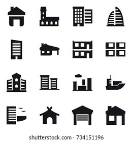 16 vector icon set : home, mansion, houses, skyscraper, house with garage, modular house, panel house, building, district, city, hotel, bungalow, garage, house