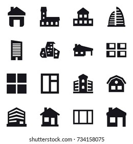 16 vector icon set : home, mansion, cottage, skyscraper, modern architecture, house with garage, panel house, window, building, house