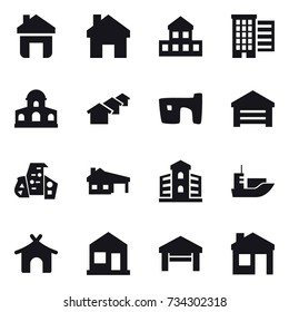 16 vector icon set : home, cottage, houses, mansion, slum, garage, modern architecture, house with garage, building, bungalow, house