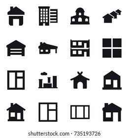 16 vector icon set : home, houses, mansion, garage, house with garage, modular house, window, city, bungalow, house