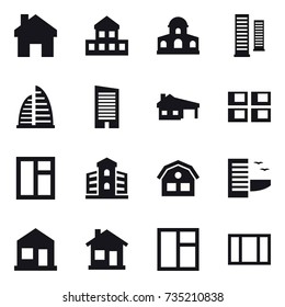 16 vector icon set : home, cottage, mansion, skyscrapers, skyscraper, house with garage, panel house, window, building, house, hotel