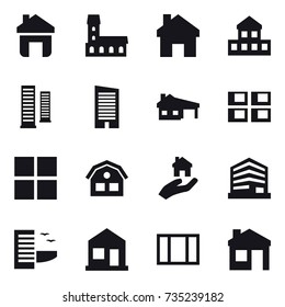 16 vector icon set : home, mansion, cottage, skyscrapers, skyscraper, house with garage, panel house, window, house, real estate, hotel