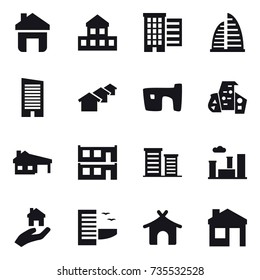 16 vector icon set : home, cottage, houses, skyscraper, slum, modern architecture, house with garage, modular house, district, city, real estate, hotel, bungalow, house