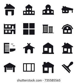 16 vector icon set : home, cottage, mansion, house with garage, modular house, window, district, house, hotel, bungalow, garage, scraper