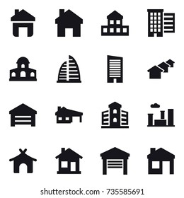 16 vector icon set : home, cottage, houses, mansion, skyscraper, garage, house with garage, building, city, bungalow, house