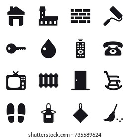 16 vector icon set : home, mansion, brick wall, repair, key, drop, remote control, phone, tv, radiator, door, rocking chair, slippers, apron, rag, broom