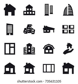16 vector icon set : home, cottage, skyscrapers, skyscraper, modern architecture, house with garage, panel house, window, building, house, real estate
