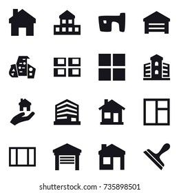 16 vector icon set : home, cottage, slum, garage, modern architecture, panel house, window, building, real estate, house, scraper
