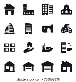 16 vector icon set : home, mansion, houses, skyscraper, slum, modern architecture, panel house, real estate, hotel, garage, house
