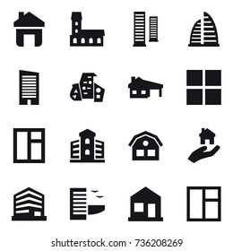 16 vector icon set : home, mansion, skyscrapers, skyscraper, modern architecture, house with garage, window, building, house, real estate, hotel