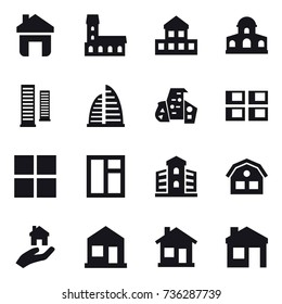 16 vector icon set : home, mansion, cottage, skyscrapers, skyscraper, modern architecture, panel house, window, building, house, real estate