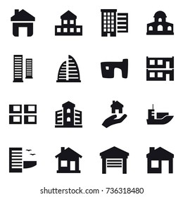 16 vector icon set : home, cottage, houses, mansion, skyscrapers, skyscraper, slum, modular house, panel house, building, real estate, hotel, garage, house