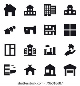 16 vector icon set : home, cottage, houses, mansion, slum, modular house, window, building, city, real estate, hotel, bungalow, garage