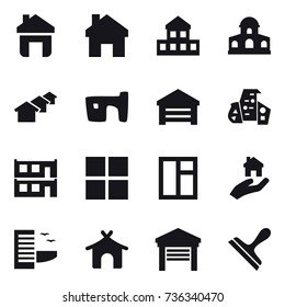 16 vector icon set : home, cottage, mansion, houses, slum, garage, modern architecture, modular house, window, real estate, hotel, bungalow, scraper