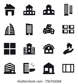 16 vector icon set : home, cottage, mansion, skyscrapers, skyscraper, modern architecture, panel house, window, building, house, real estate, hotel