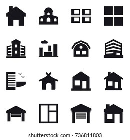 16 vector icon set : home, mansion, panel house, window, building, city, house, hotel, bungalow, garage