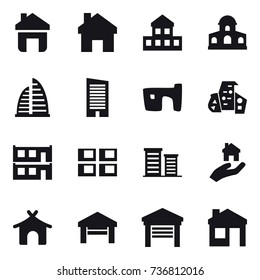 16 vector icon set : home, cottage, mansion, skyscraper, slum, modern architecture, modular house, panel house, district, real estate, bungalow, garage, house