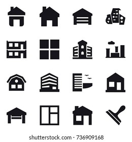 16 vector icon set : home, garage, modern architecture, modular house, window, building, city, house, hotel, scraper