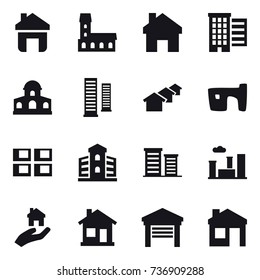 16 vector icon set : home, mansion, houses, skyscrapers, slum, panel house, building, district, city, real estate, garage, house