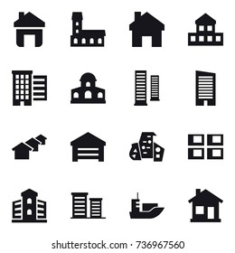 16 vector icon set : home, mansion, cottage, houses, skyscrapers, skyscraper, garage, modern architecture, panel house, building, district