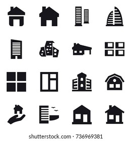 16 vector icon set : home, skyscrapers, skyscraper, modern architecture, house with garage, panel house, window, building, house, real estate, hotel