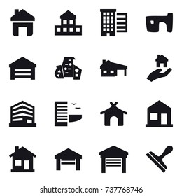 16 vector icon set : home, cottage, houses, slum, garage, modern architecture, house with garage, real estate, hotel, bungalow, scraper