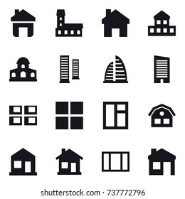 16 vector icon set : home, mansion, cottage, skyscrapers, skyscraper, panel house, window, house