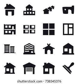 16 vector icon set : home, cottage, houses, slum, modular house, panel house, window, district, bungalow, garage, house, scraper