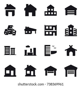 16 vector icon set : home, cottage, garage, modern architecture, house with garage, modular house, building, district, city, hotel, bungalow