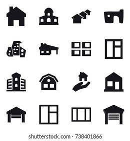 16 vector icon set : home, mansion, houses, slum, modern architecture, house with garage, panel house, window, building, house, real estate, garage