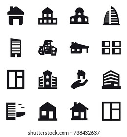 16 vector icon set : home, cottage, mansion, skyscraper, modern architecture, house with garage, panel house, window, building, real estate, hotel