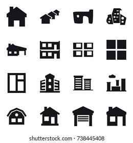 16 vector icon set : home, houses, slum, modern architecture, house with garage, modular house, panel house, window, building, district, city, house, garage