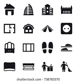 16 vector icon set : home, skyscraper, building, gothic architecture, plan, house, tent, power socket, dresser, window, slippers, sponge, kitchen cleaning, brooming