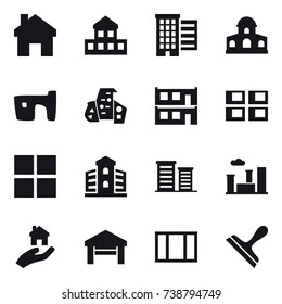 16 vector icon set : home, cottage, houses, mansion, slum, modern architecture, modular house, panel house, window, building, district, city, real estate, garage, scraper