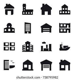 16 vector icon set : home, mansion, cottage, skyscraper, garage, modular house, panel house, building, city, hotel, house