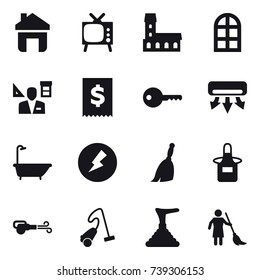 16 vector icon set : home, tv, mansion, arch window, architector, key, air conditioning, bath, electricity, broom, apron, blower, vacuum cleaner, plunger, brooming