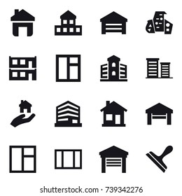 16 vector icon set : home, cottage, garage, modern architecture, modular house, window, building, district, real estate, scraper