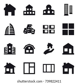 16 vector icon set : home, cottage, mansion, skyscrapers, skyscraper, modern architecture, panel house, window, building, house, real estate