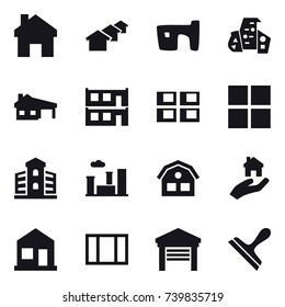 16 vector icon set : home, houses, slum, modern architecture, house with garage, modular house, panel house, window, building, city, house, real estate, garage, scraper