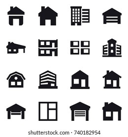 16 vector icon set : home, houses, garage, house with garage, modular house, panel house, building, house, window
