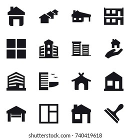 16 vector icon set : home, houses, house with garage, modular house, window, building, district, real estate, hotel, bungalow, garage, house, scraper