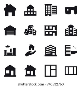 16 vector icon set : home, cottage, houses, slum, garage, modern architecture, modular house, building, city, real estate, hotel, window