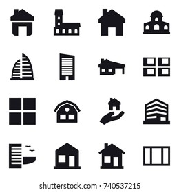 16 vector icon set : home, mansion, skyscraper, house with garage, panel house, window, house, real estate, hotel